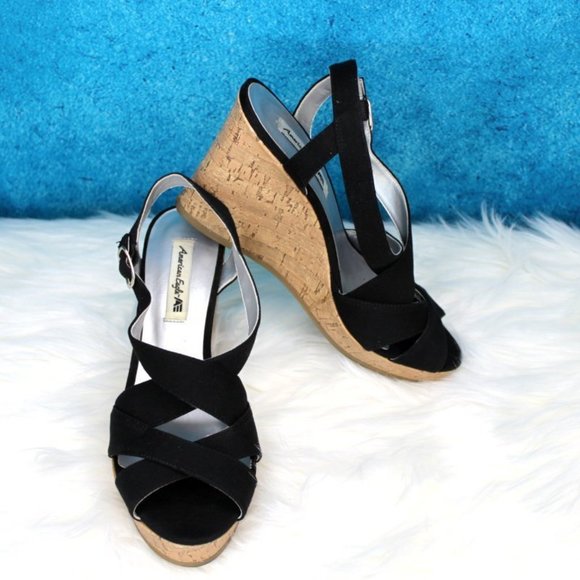 American Eagle By Payless Shoes - American Eagle Black Canvas Wedge  Size 7